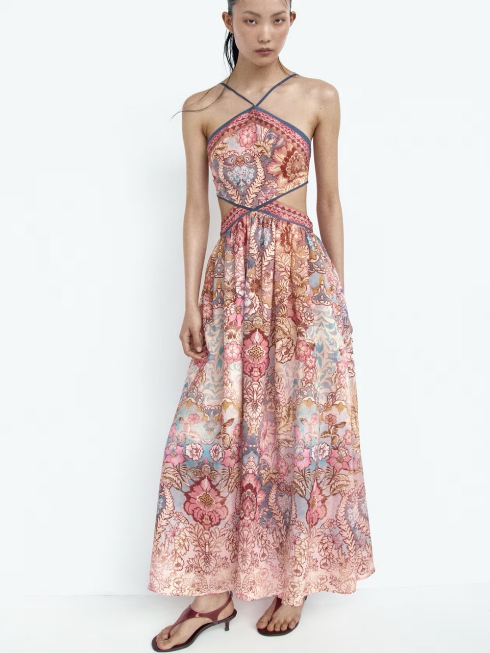 H&M NWT LIGHT ORANGE PAISLEY CUTOUT HALTERNECK DRESS - Picture 8 of 12